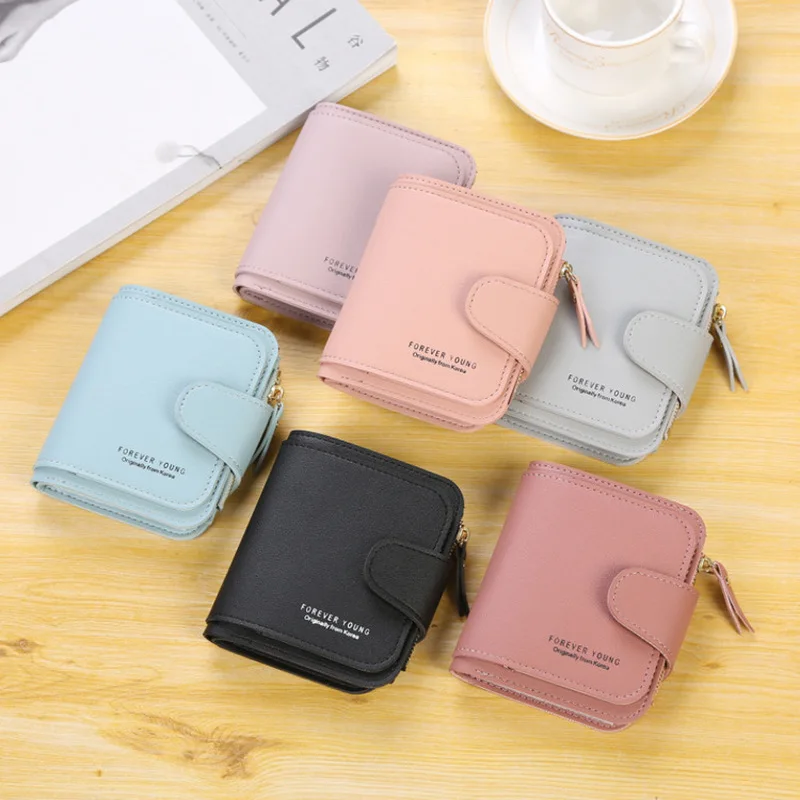 

Casual Soild Wallet Women Buckle Frosted Money Purses Small Fold PU Leather Female Coin Purse Card Holder Short Wallets Student