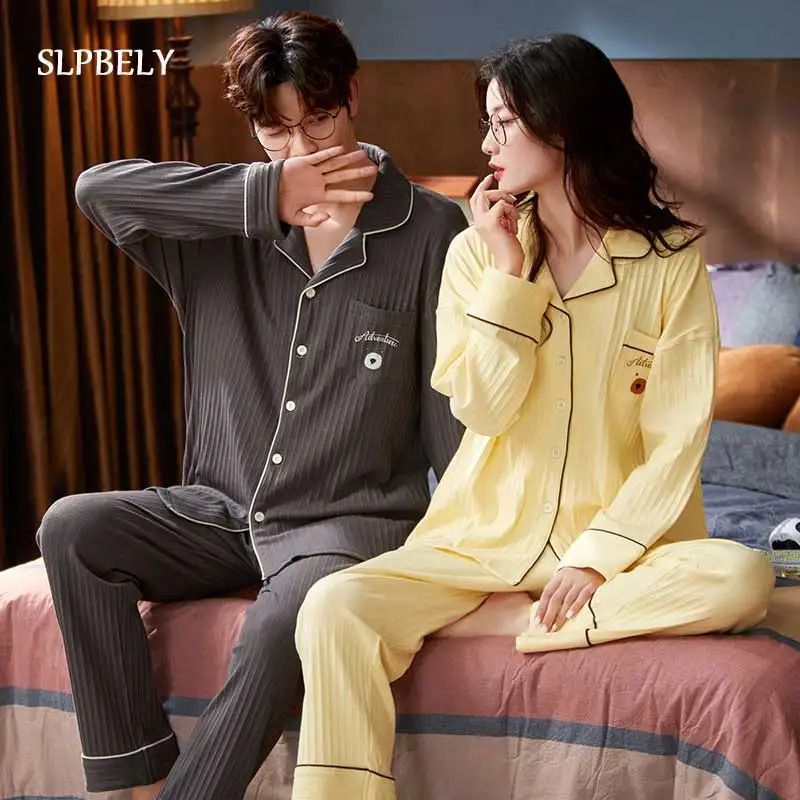 

SLPBELY Couple Pajamas Set Autumn Femme Male Pyjamas Cotton Elegant Lapel Men And Women Sleepwear Cute Lover Homewear Nightsuit