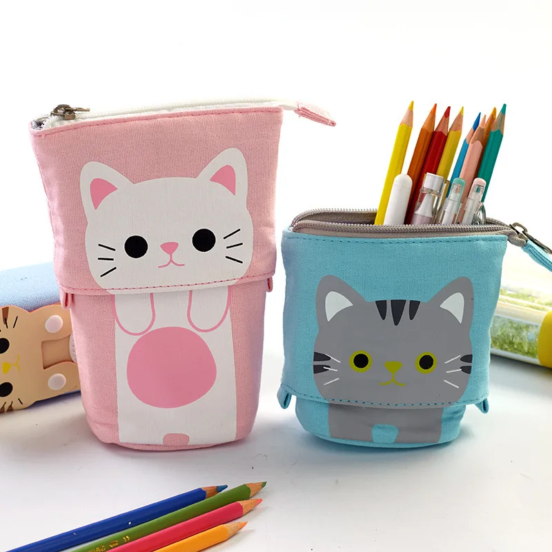

[Fun] Pen Pencil Bag Case, Cartoon Cute Cat Bear Sheep Canvas Fold Standing Holder Stationery Organizer Kids Gift A6445