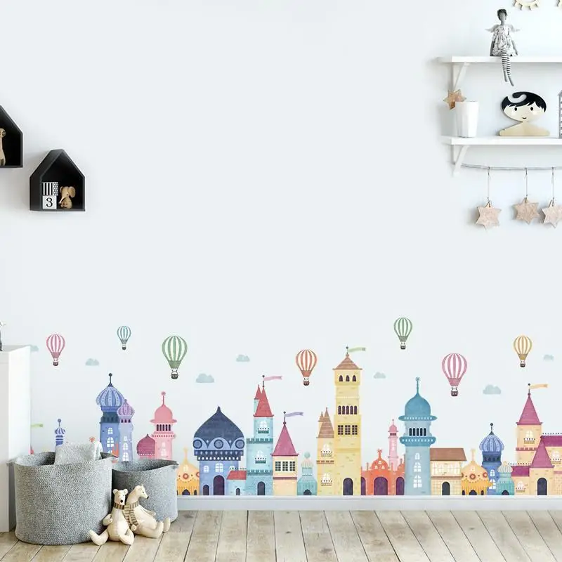 

Cartoon Castle Building Wall Stickers for Kids Room Bedroom Decor Living Room Skirting Line Wall Art Wallpaper