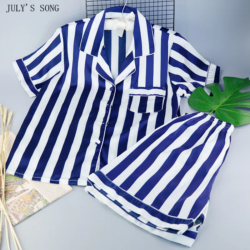 

JULY'S SONG Woman Pajamas Set 2 Pcs Faux Slik Female Sleepwear Summer Blue Striped Pajamas Short Sleeve Suit Homewear Casual