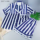 Пижамный комплект JULY'S SONG женский из 2 предметов, одежда для сна из искусственного шелка, летняя пижама в синюю полоску, домашняя повседневная одежда с коротким рукавом