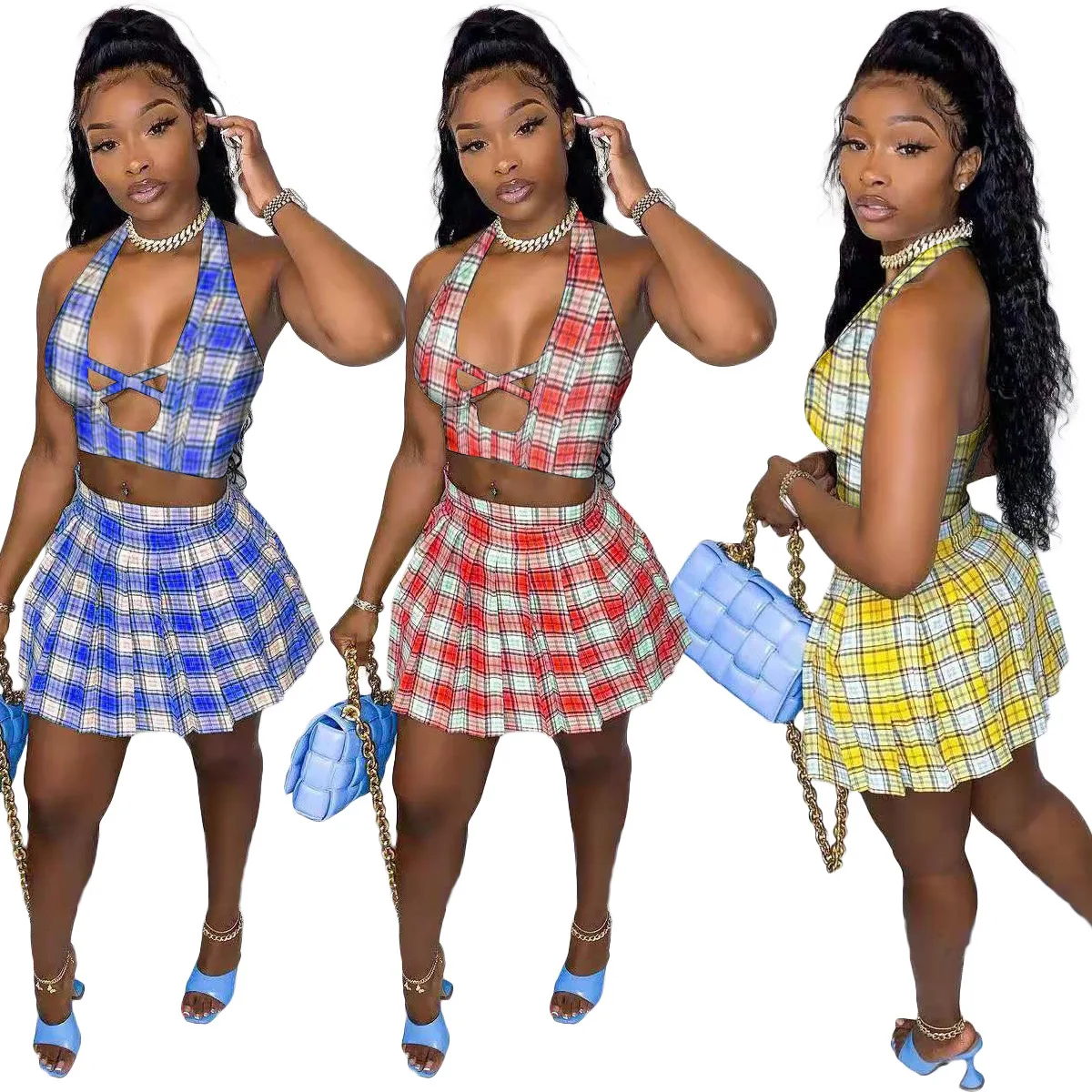 

RStylish 2021 Women Skirts Set Sleeveless Halter Chest Hollow Out Crop Tops Plaid Mini Pleated Skirt 2 Piece Sets Summer Outfits