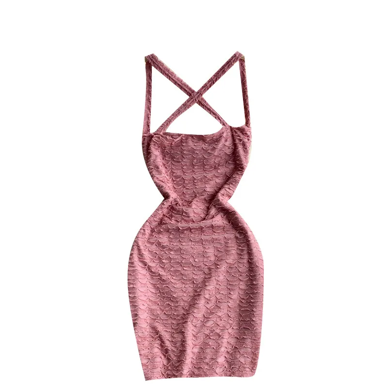 

Backless Halter Dress Women Sexy Club Solid Color Bodycon Elastic Wrap Spaghetti Strap Sundress Summer Party Folds Dresses