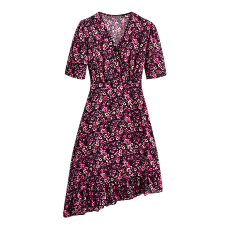 

Vicabo Vintage Dress Floral Printed Womens Dresses Summer V Neck Short Sleeve Vestidos Sashes Irregular Hem Mini Dress