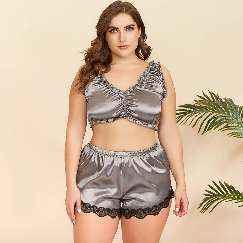 

JULY'S SONG 2020 Summer Women Sleeveless Sling and Shorts Faux Silk Plus Size Women's Pajamas Set Sexy Satin Solid Sleepwear