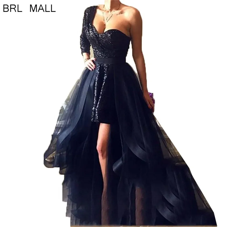 

2020 Black Sequined High Low Prom Dresses With Detachable Train A-Line Maxys Long Formal Party Gown Evening Dress Robe De Soiree