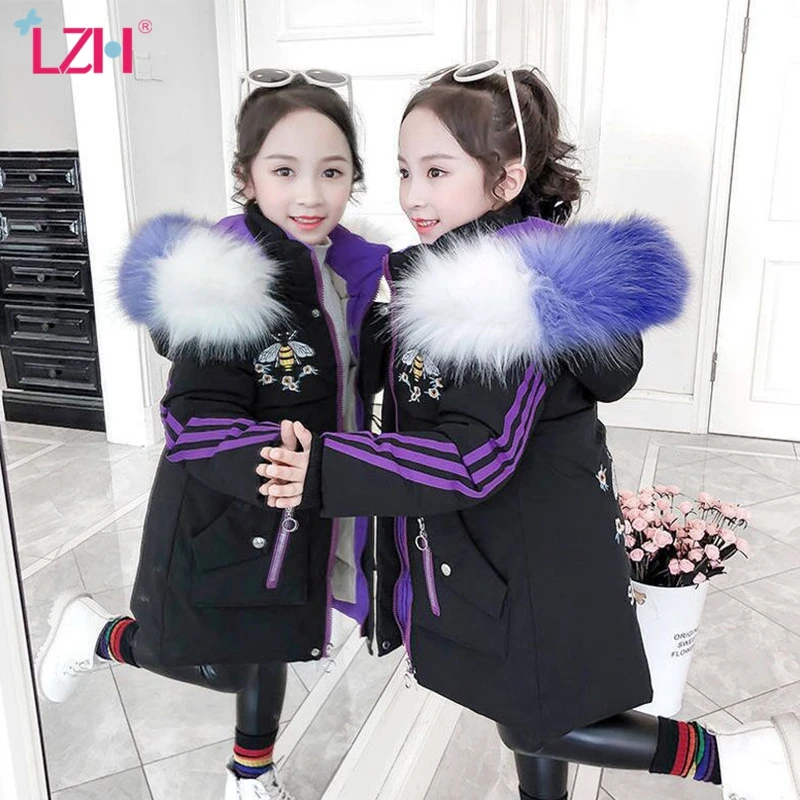 

LZH 2021 Autumn Winter Mid-Length Color Fur Collar Thickened Children's Coat Fashion Printing Down Jacket For Girls Cotton Parka