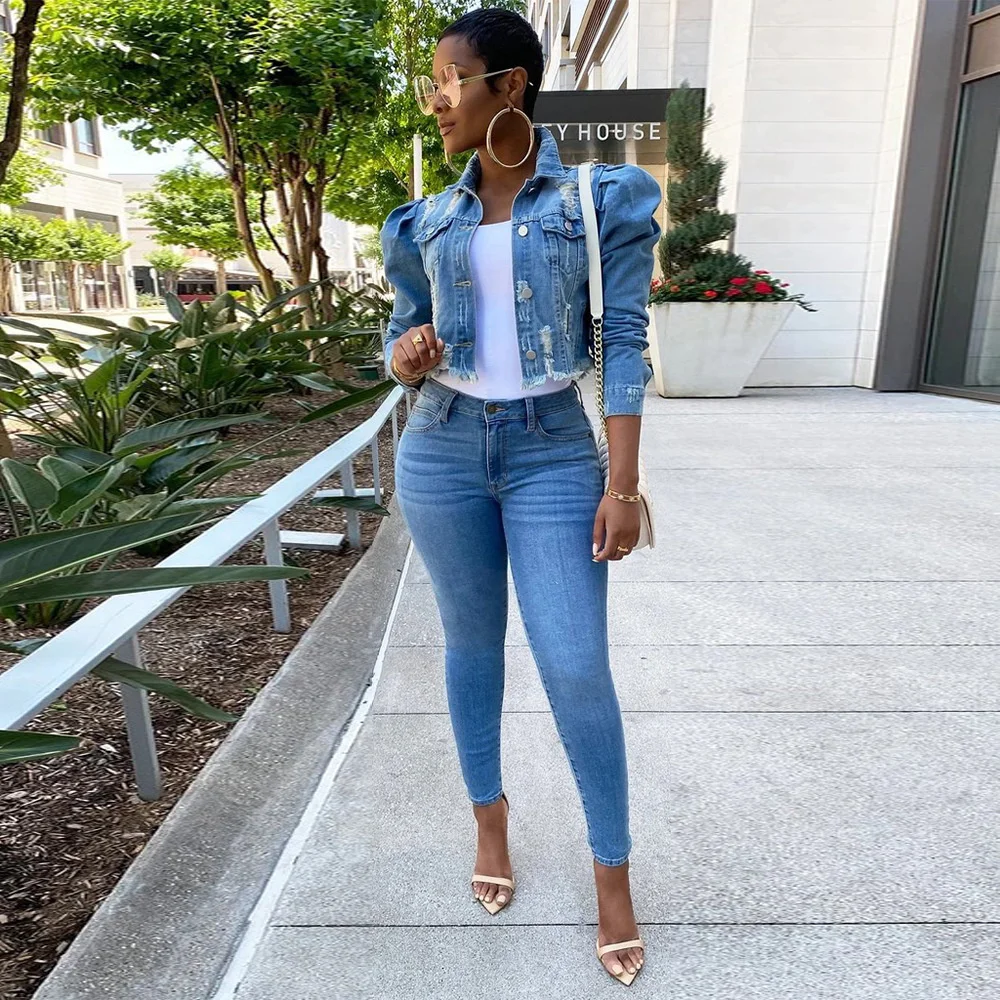 

2021 women's Denim autumn Jacket Women's new solid color bubble sleeve short denim