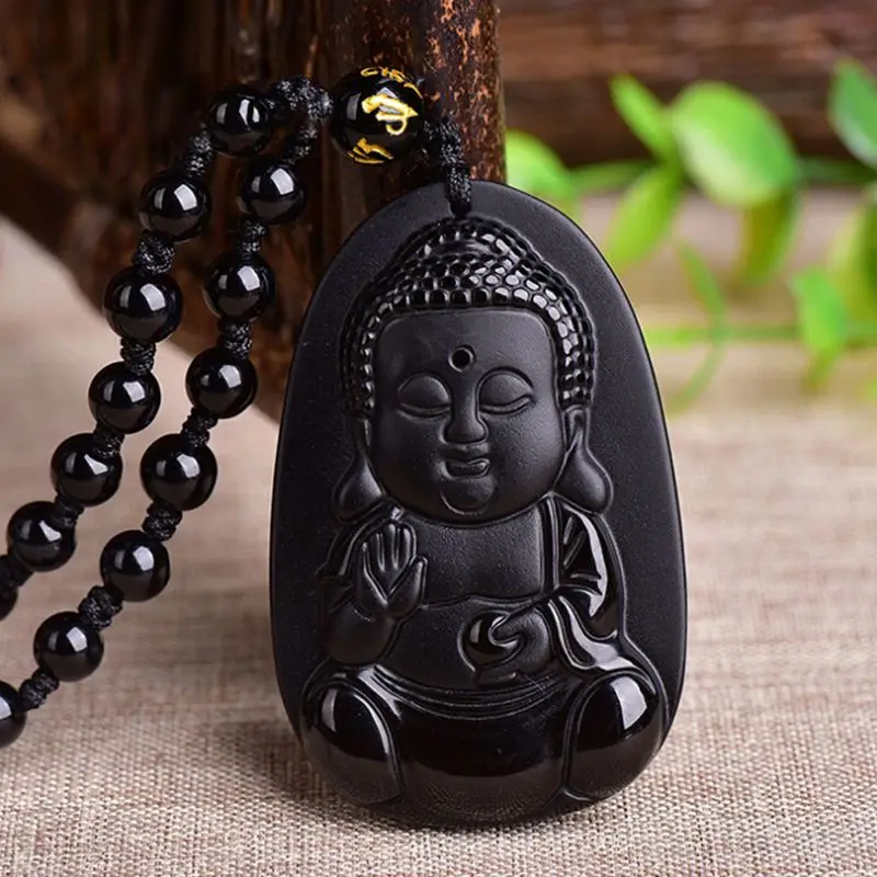 Ожерелье с подвеской из натурального черного обсидиана изображением Будды шакьи