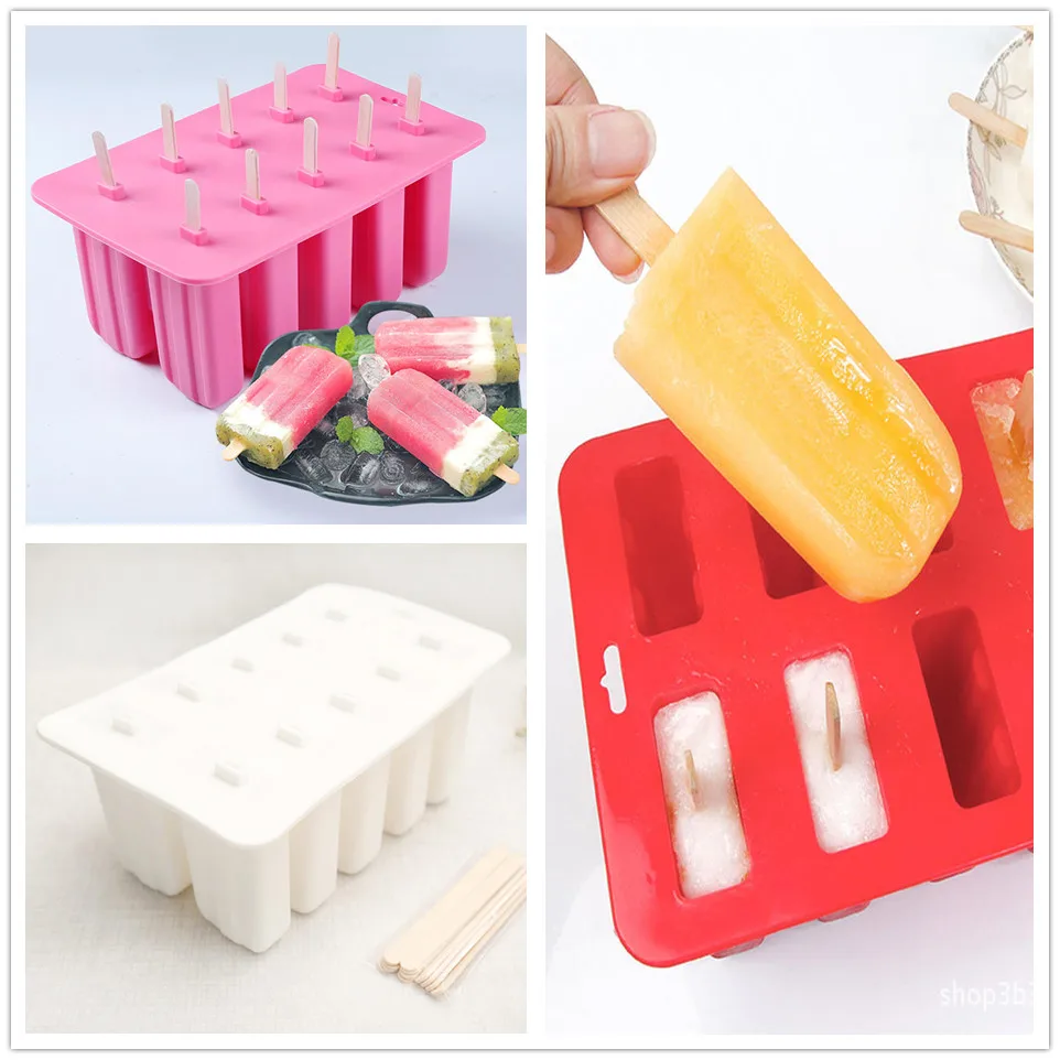 

10 Cell Silicone Frozen Ice Cream Mold Juice Popsicle Maker Lolly Mould Diy Homemade Molds 1pc Mould With 10pcs Wood Stick