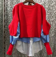 irregular red sweater women loose bubble sleeve contrast color splice shirt fake two piece knitted pullover sweater