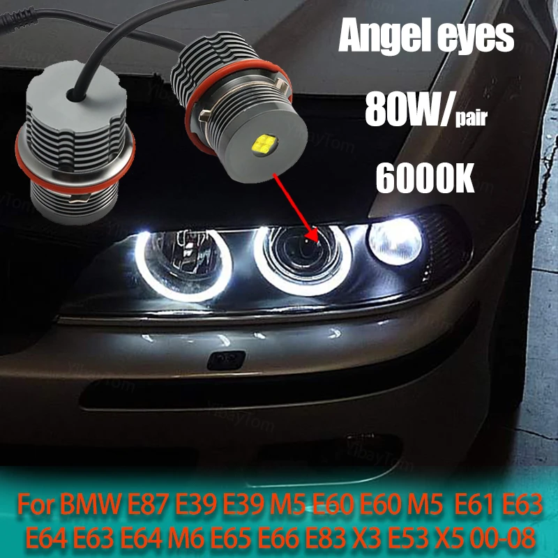 

Яркие светодиодные габаритные огни Angel Eyes, 2 шт., 80 Вт, лампы для BMW E87, E39, M5, E60, E61, E63, E64, M6, E65, E66, E83, X3, E53, X5 2000-2008