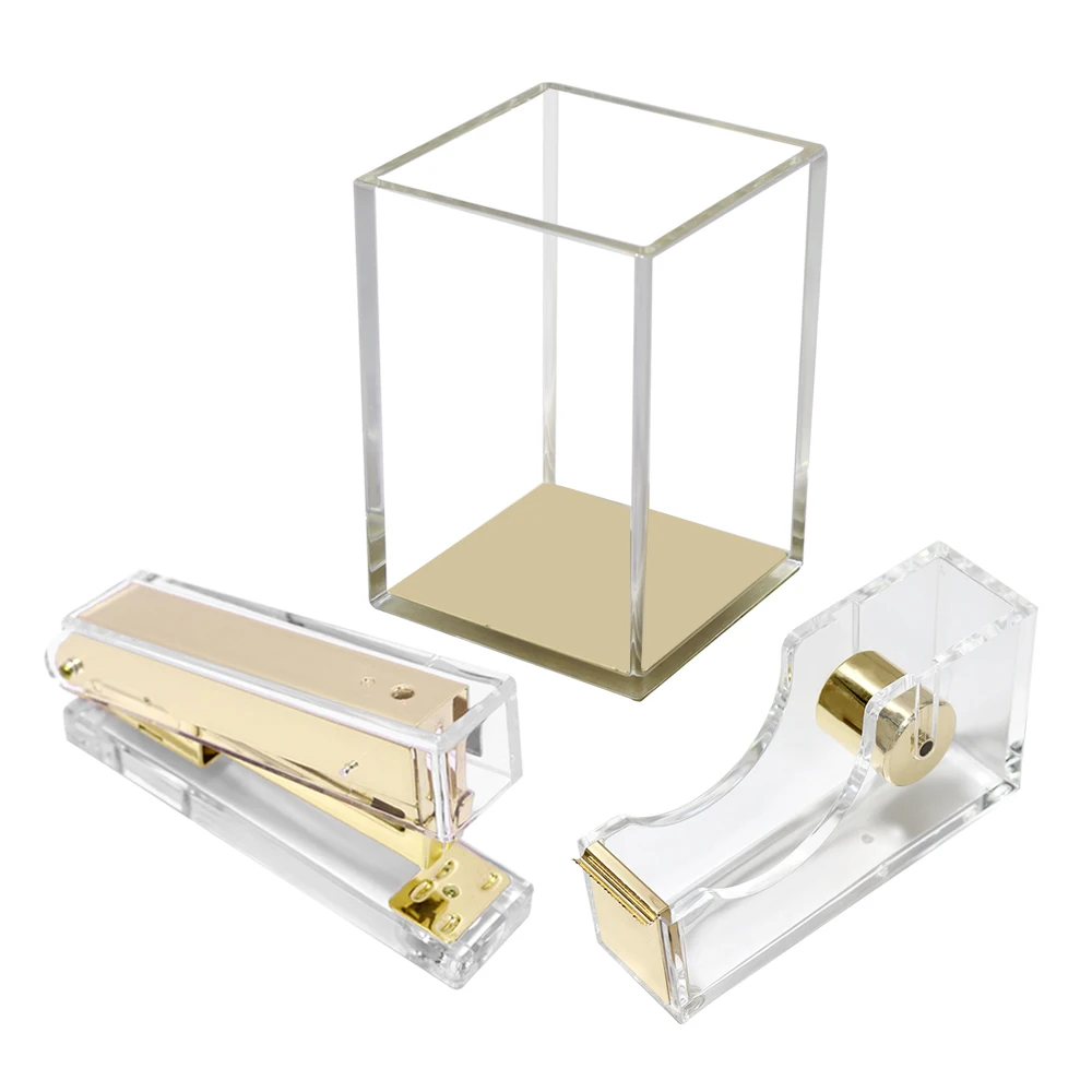 Clear Acrylic Stapler, Tape Dispenser, Pencil Holder Desktop Office Storage And Binding Supplies Accessories Combination Set