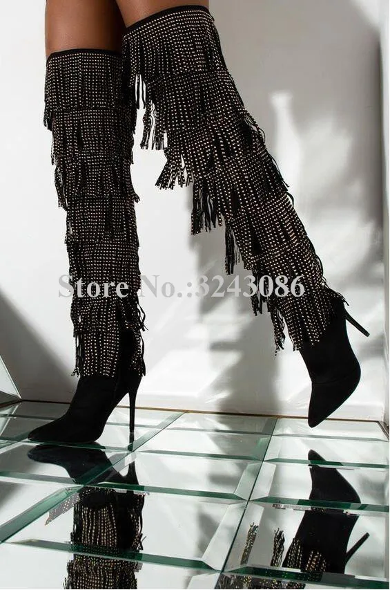 

Women Crystal Tassel Long Boots Fashion New Rhinestone Fringe Over the Knee Boots Lady Sexy Thigh High Banquet Boots Dropship