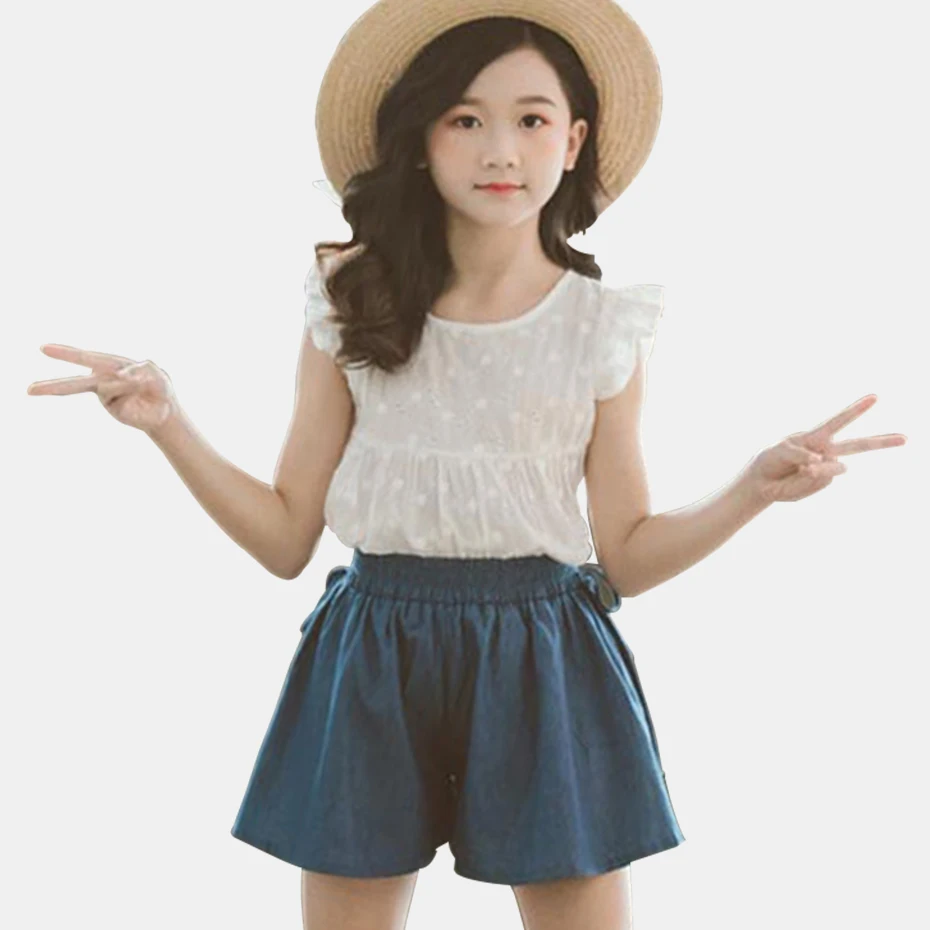 Детский комплект одежды для девочек белая рубашка + джинсовые шорты летней из 2