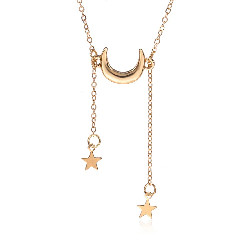 

2021 New Fashion Jewelry Personality Simple Metal Stars and Moon Combination Pendant Clavicle Chain Ladies Necklace Wholesale