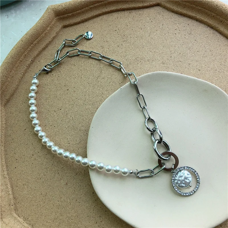

Exaggerate Freshwater Pearl Silver Color Chunky Chain Necklaces Geometric Irregular Pendant Necklace Bijoux kolye for women