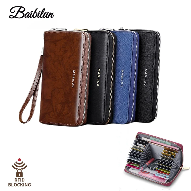 

Men's and women's business leather mobile wallets anti-theft swipe multi-card zip card holder long multi-function wallet
