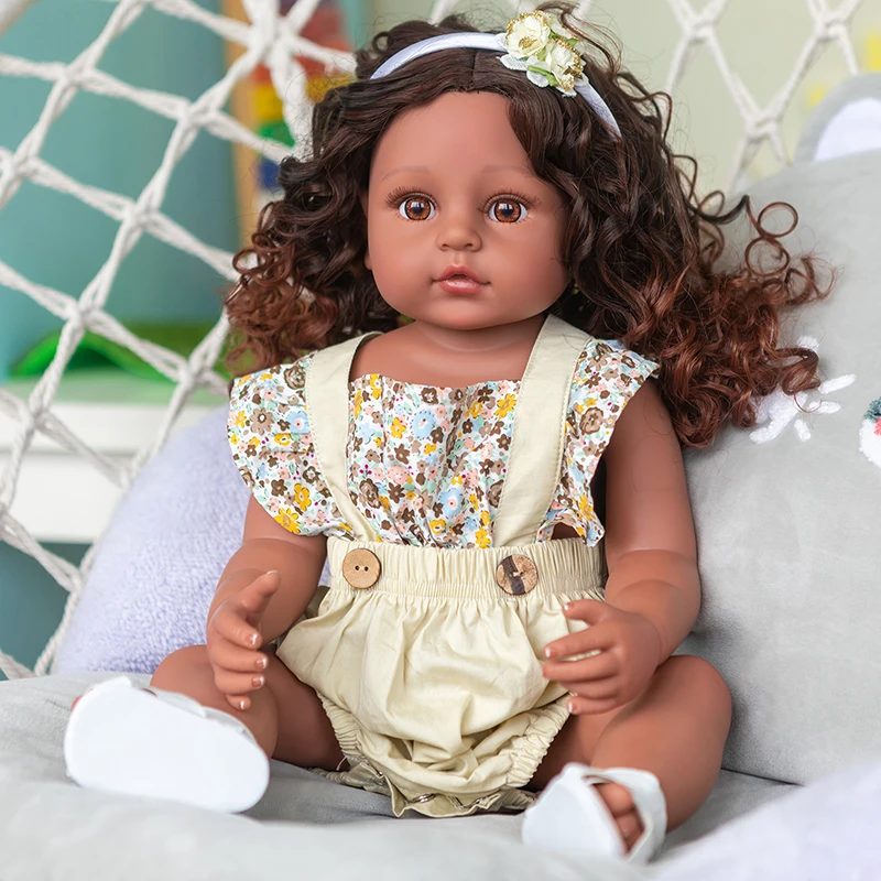 

55cm bebe doll soft full body silicone Dark Brown Skin girl doll brown hair