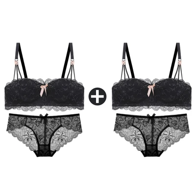 Black And black Sets 2 шт., бюстгальтеры для женщин, маленькая грудь, беспроводной бюстгальтер, кружевной бесшовный бюстгальтер с эффектом пуш-ап и трусики, набор, половина чашки, сексуальные трусы, нижнее белье - Цвет: Black And black Sets