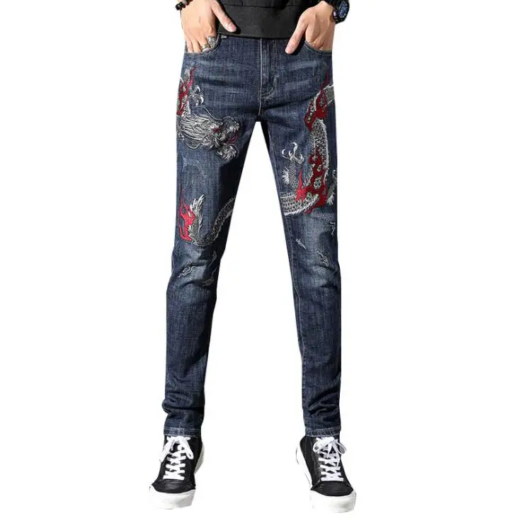 Straight stretch mens jeans embroidered dragon slim trendy pants calcas masculino Original design new European American style