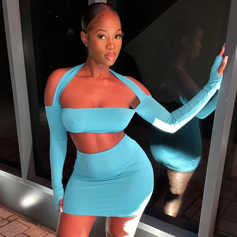 

hirigin 2 Pieces Women Suits 2021 Sexy Halter Off Shoulder Hollow Out Long Sleeve T-shirts Tops High Waist Pencil Mini Skirts