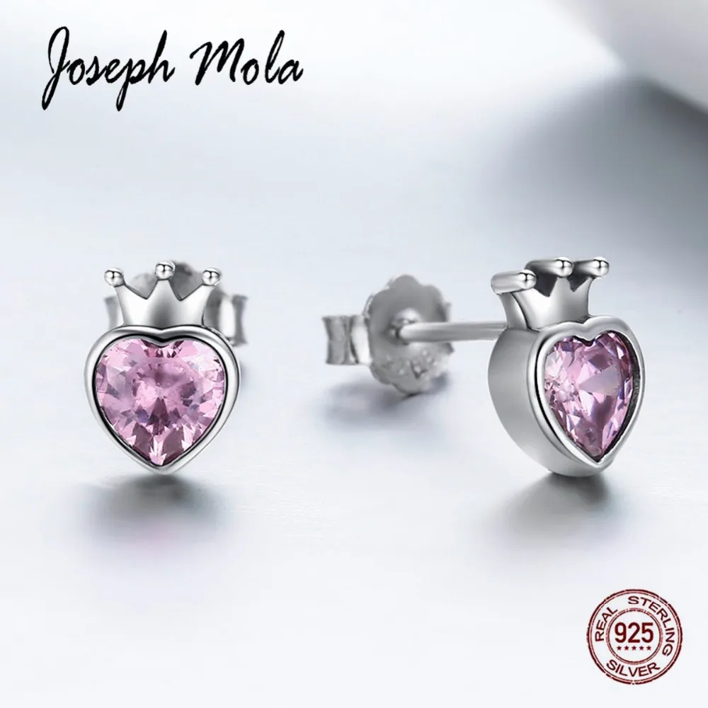 Joseph Mola 925 стерлингового серебра Принцесса Корона сердце розовый кристалл серьги