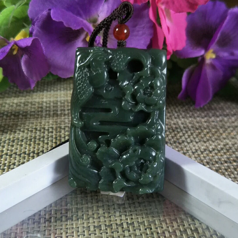 

Natural Hetian Jade Hand Carving Flower Bird Jade Pendant Jewelery Lucky Exorcise Evil Spirits Auspicious Amulet Fine Jewelery