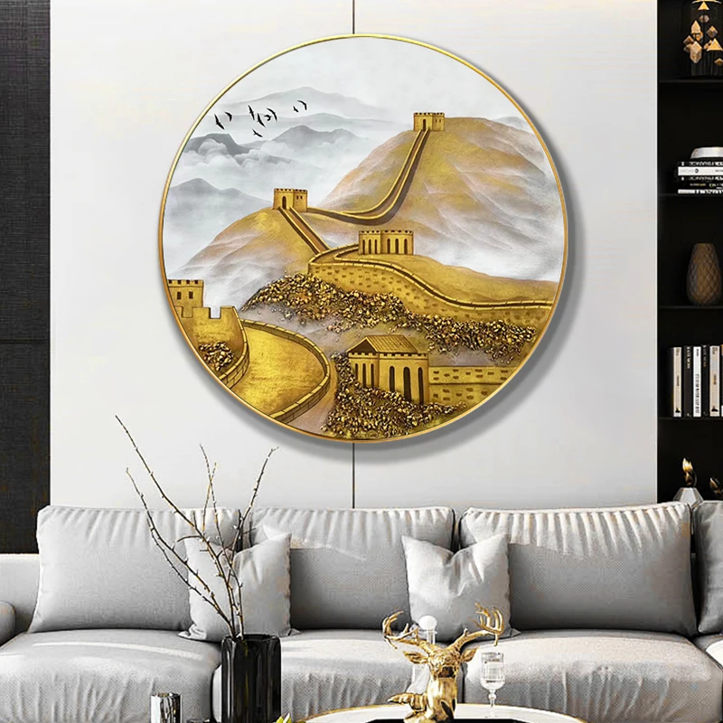 

Living Room Decorative Painting Chinese Wind Round Mural Pure Hand-painted Abstract Landscape Painting of the Great Wall