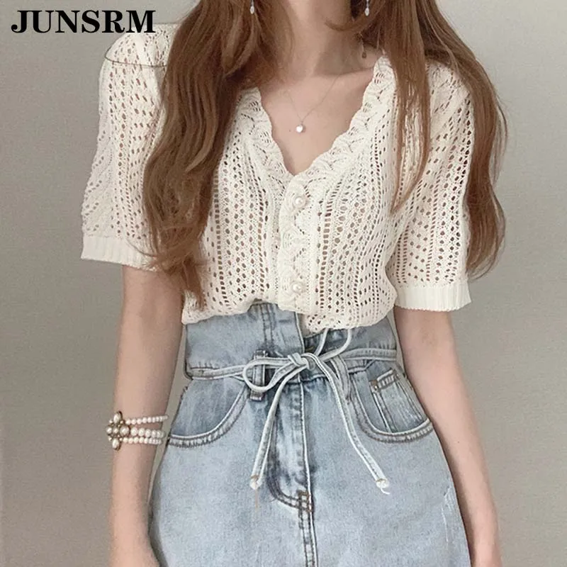 

2020 Summer New Fashion Blouse Women Vintage V Neck Short Sleeve Knitting Shirt Femme Single Breasted Office Lady Top Lace Shirt