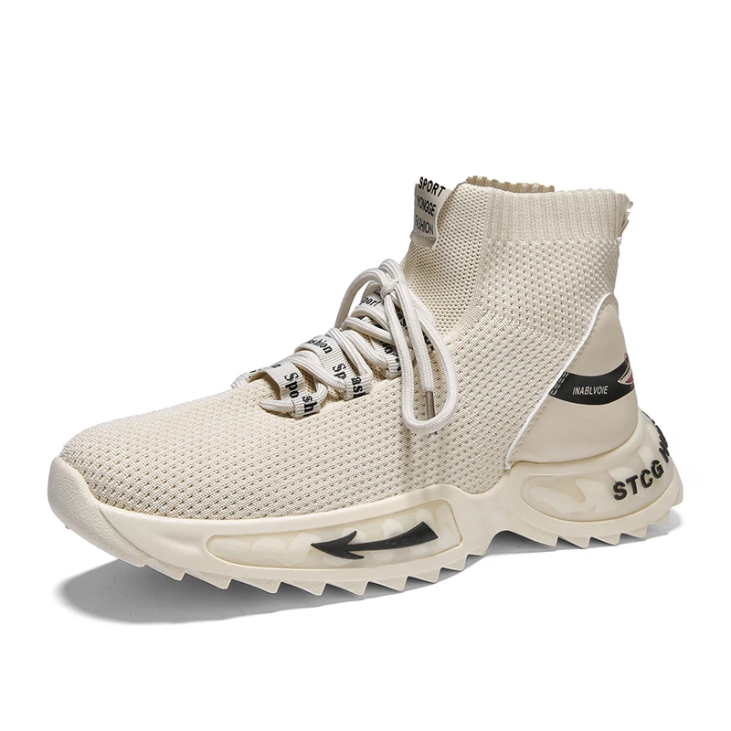 

2020 Spring and Autumn Casual Fashion Men's Lace-up Boots Solid Color Mesh High Top Sock Shoes Mens Boots Sport Shoes