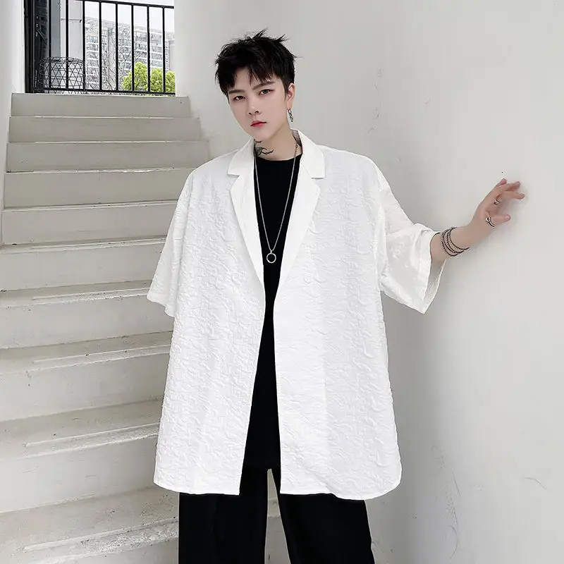 

Новинка лета 2021, жаккардовый костюм, куртка, высококачественный мужской свободный тонкий пиджак с коротким рукавом в Корейском стиле, с кор...