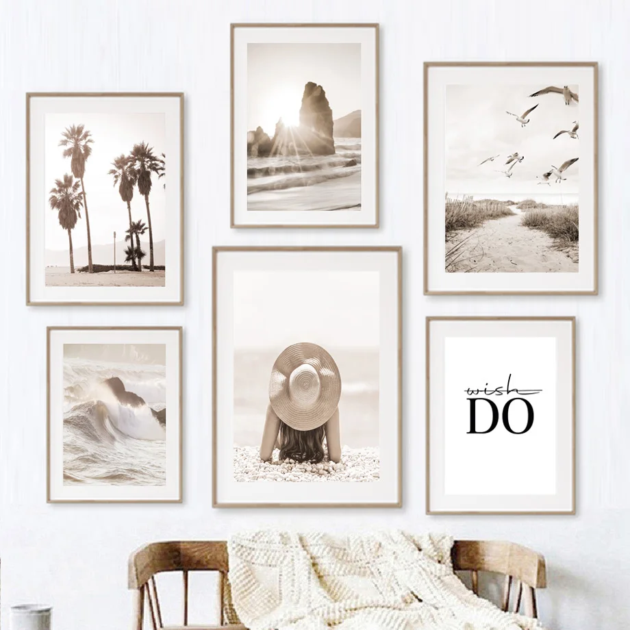 

Sexy Girl Wave Seabird Boat Beach Grass Wood Way Wall Art Canvas Painting Posters And Prints Wall Pictures For Living Room Decor