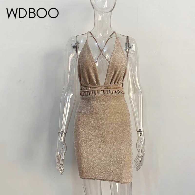 

WDBOO Backless Sparkly Party Dress Women Nightclub Low V Neck Glitter Shiny Bodycon Gold Dress Sexy Mini Dress Outfits