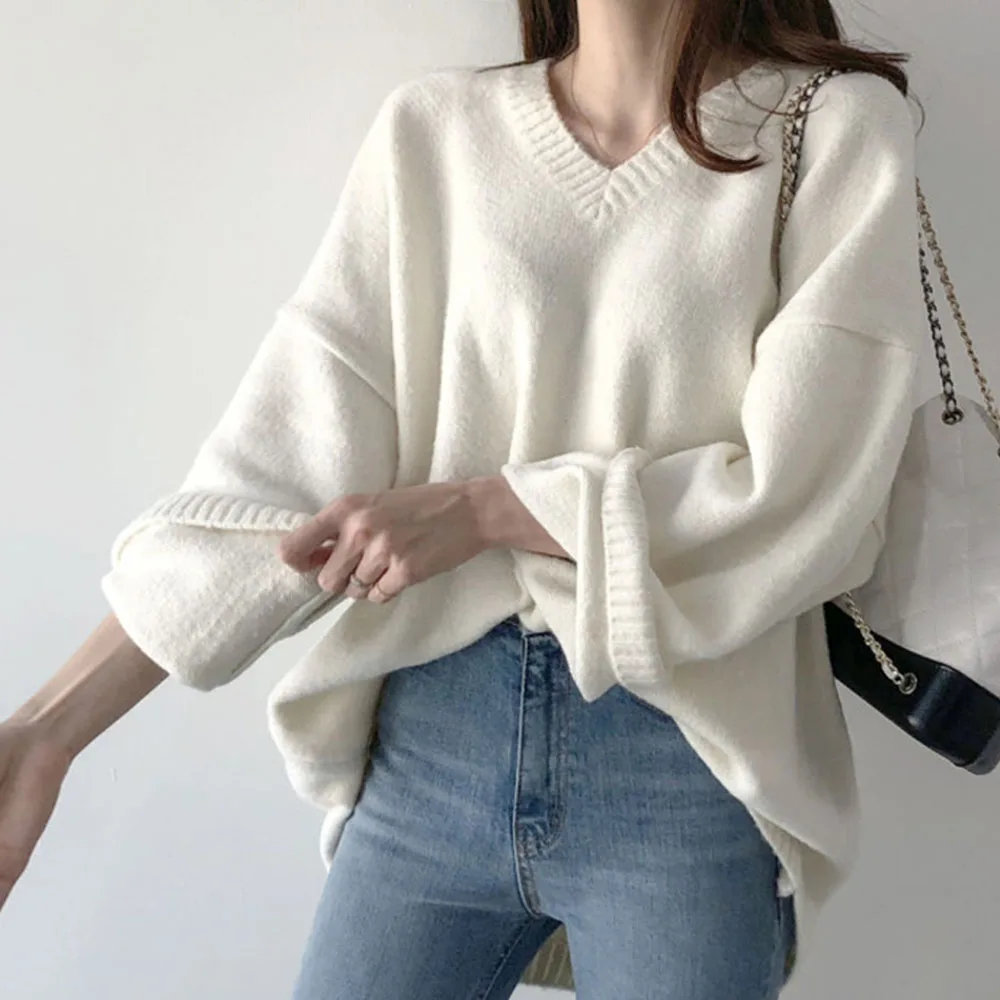 

Sweater Womens 2021 Autumn Winter New V-neck Solid Color Long Sleeve Pullover Korean Fashion Casual Simplicity Knitted Women