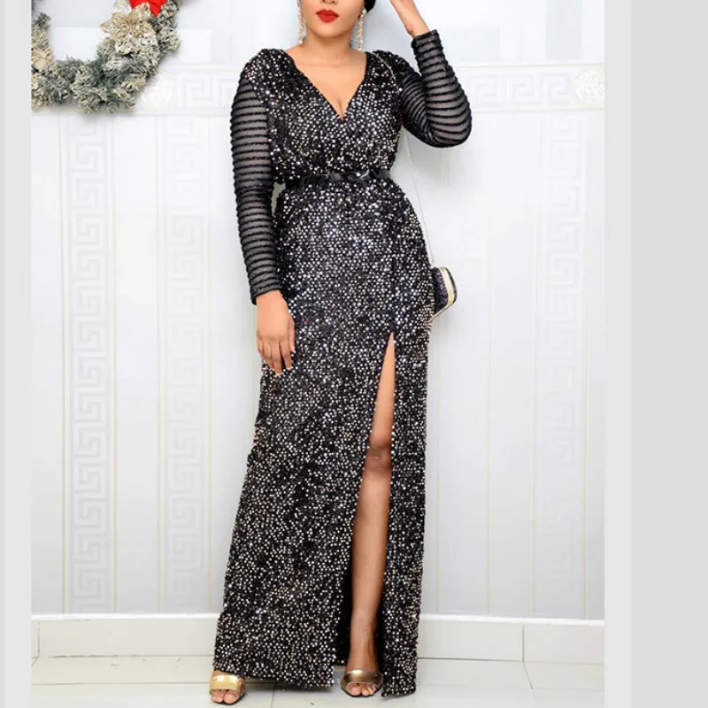 Блестящее длинное вечернее платье вечерние длинными рукавами V образным вырезом