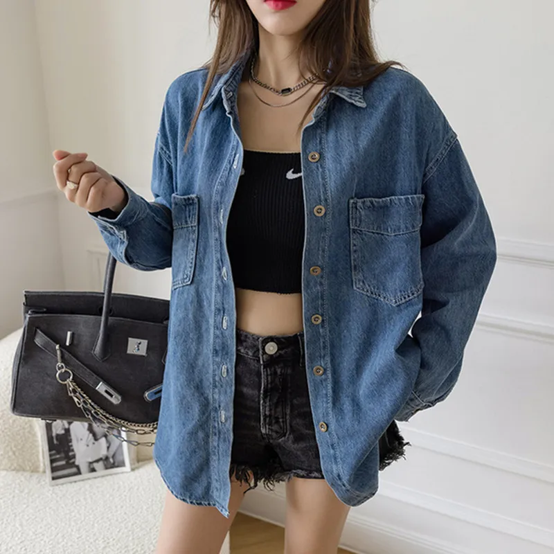 

Новинка весна-осень 2021 женская джинсовая рубашка свободная рубашка Повседневная Джинсовая длинная рубашка с длинными рукавами и большими ...