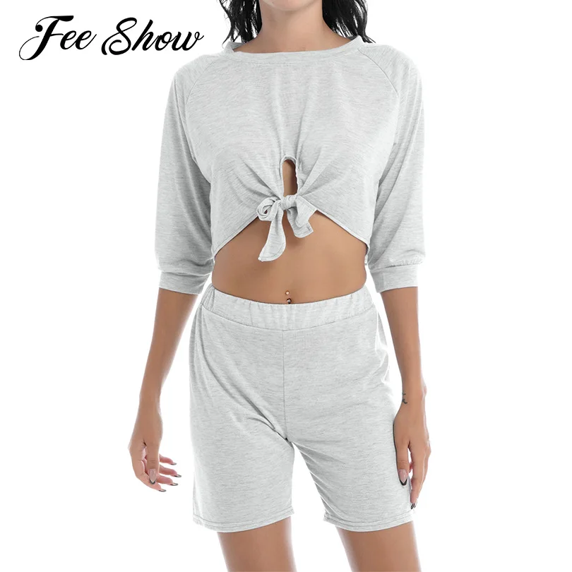 

Female Fitness Suit Solid Color Two Pieces Sets Summer Yoga Set Long Sleeve Round Neck Cropped Tops And High Waist Shorts Suits