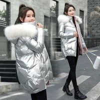 glossy hooded removable fur collar warm parka women korean loose long sleeve cotton padded jackets trendy thick winter overcoat