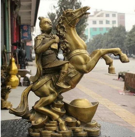 YM 308 Китай латунь Yuanbao Обезьяна Король солнце Wu Kong ручная Молитва флаг Статуя