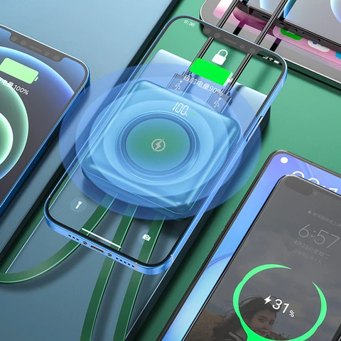 Портативный Qi Беспроводное зарядное устройство Power Bank 10000 мАч 20000 мАч Встроенный кабель Mini Powerbank для iPhone 12 Samsung Xiaomi Powerbank