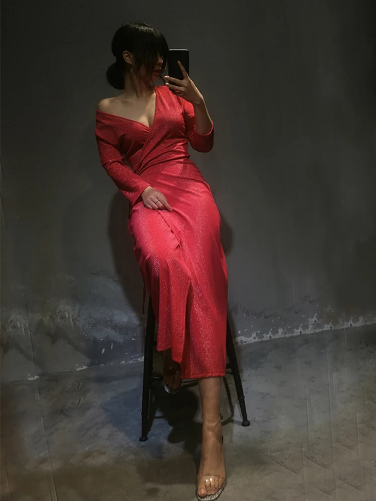 Женское цельнокроеное вечернее платье с поясом и V образным вырезом|Платья на