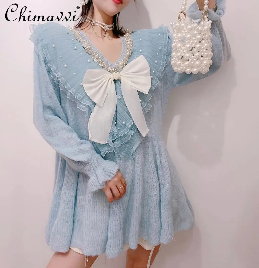 

Kawaii Girl Fashion Sweet Beaded Rhinestone V-Shaped Ruffled Spliced Top Long Sleeve V-neck Bow Patched Long Knitwear