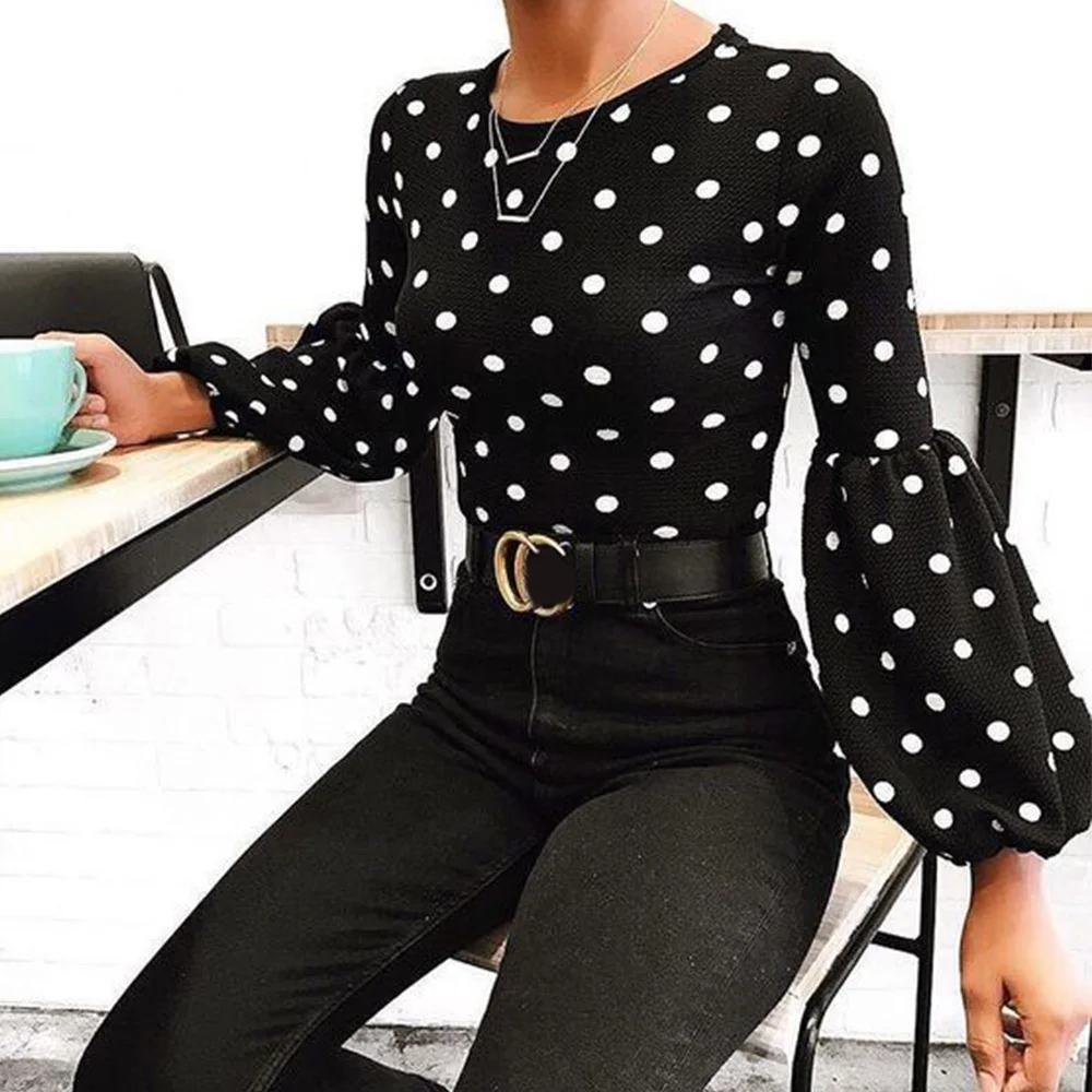 Зимние облегающие черные женские футболки в горошек Осенний пуловер с длинными