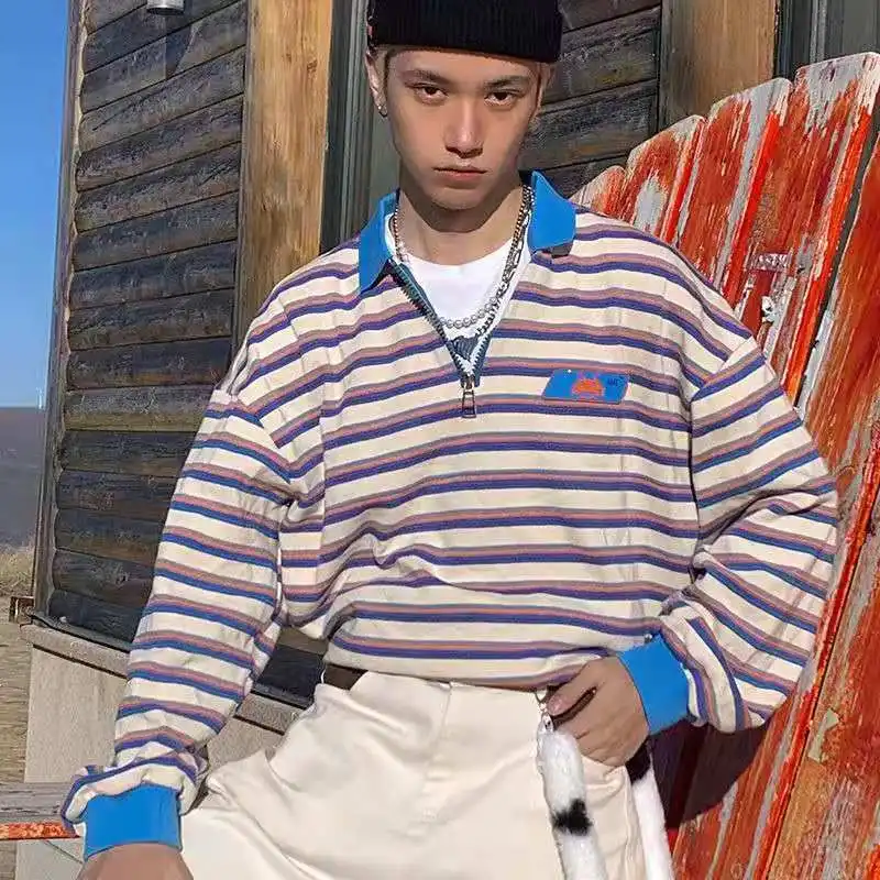 Полосатая толстовка на молнии пуловеры с воротником-поло Свитшот оверсайз