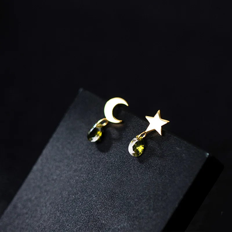 

PONYKISS Romantic 925 Sterling Silver Stars and Moon Drop Water Zircon Asymmetry Stud Earrings for Women Party Jewelry Accessory