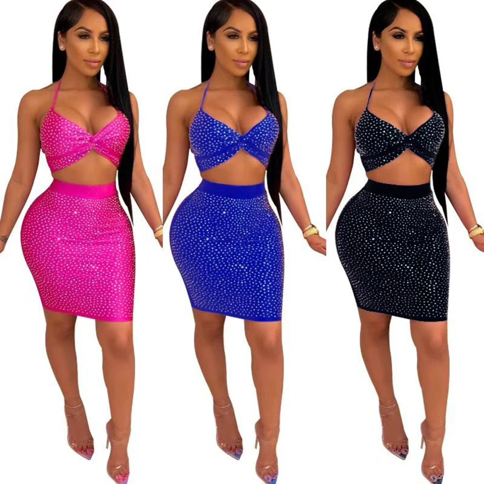 

Ailigou 2021 Summer New Women's Beaded Crystal Decoration Two-piece Sexy Halter V-neck Top + High Waist Skirt Bandage Set
