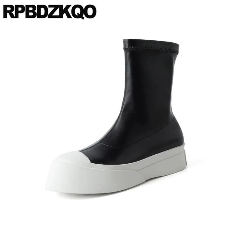 Женские ботильоны на плоской подошве до колена с круглым носком | Обувь