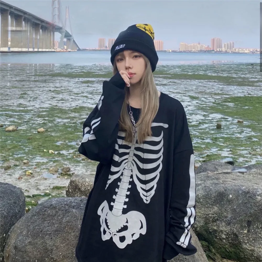

Hip-Hop Style Women Loose T-Shirt Creative Human Skeleton Printing Round Collar Long Sleeve Tops Casual Pullover Spring Autumn